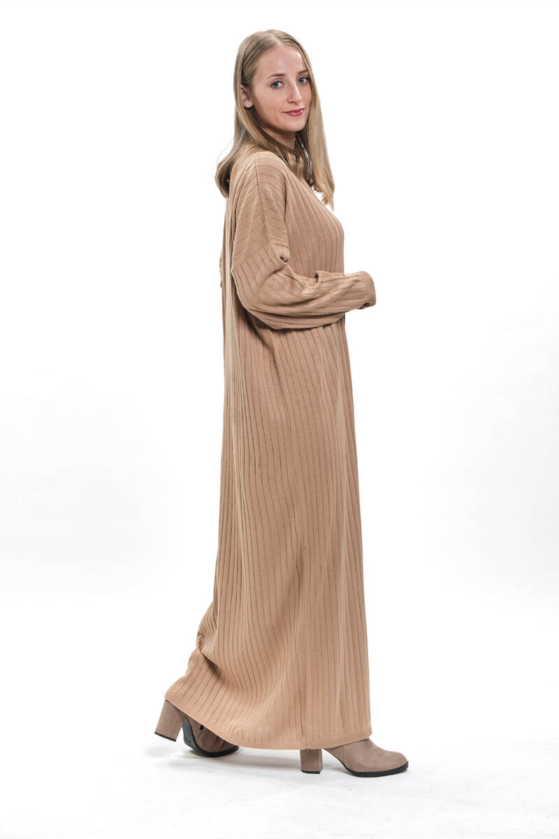 Camel Kalın Fitilli Salaş Triko Elbise - 3367