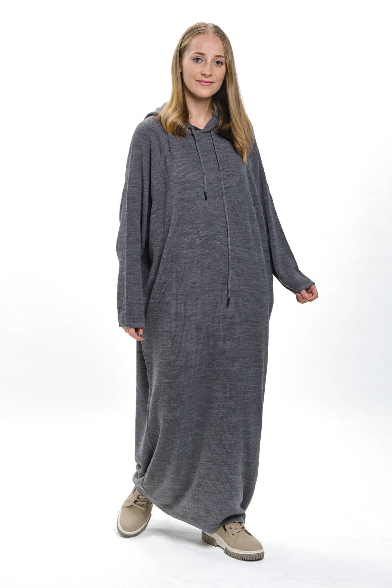 Kapşonlu Uzun Salaş Antrasit Triko Elbise - 3420