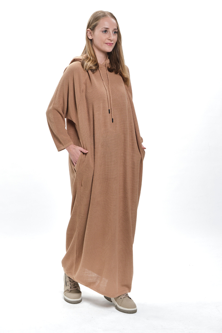 Kapşonlu Uzun Salaş Camel Triko Elbise - 3420 - Thumbnail