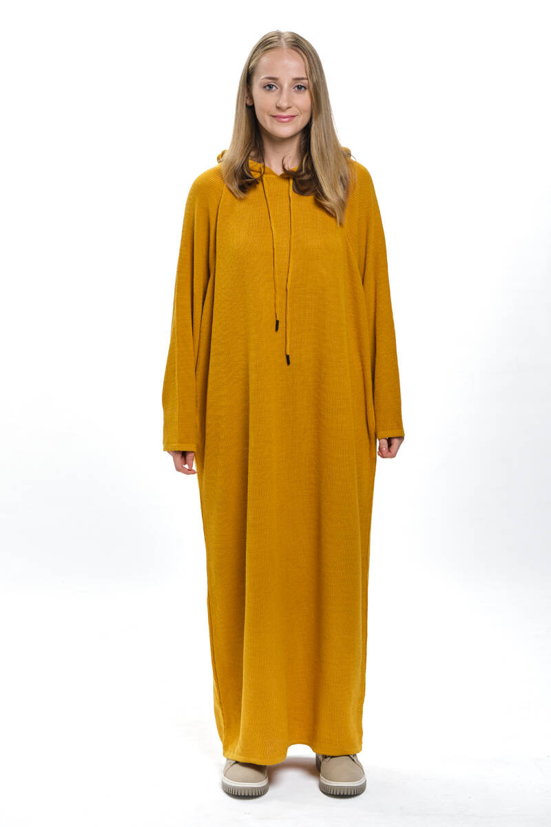 Kapşonlu Uzun Salaş Hardal Triko Elbise - 3420