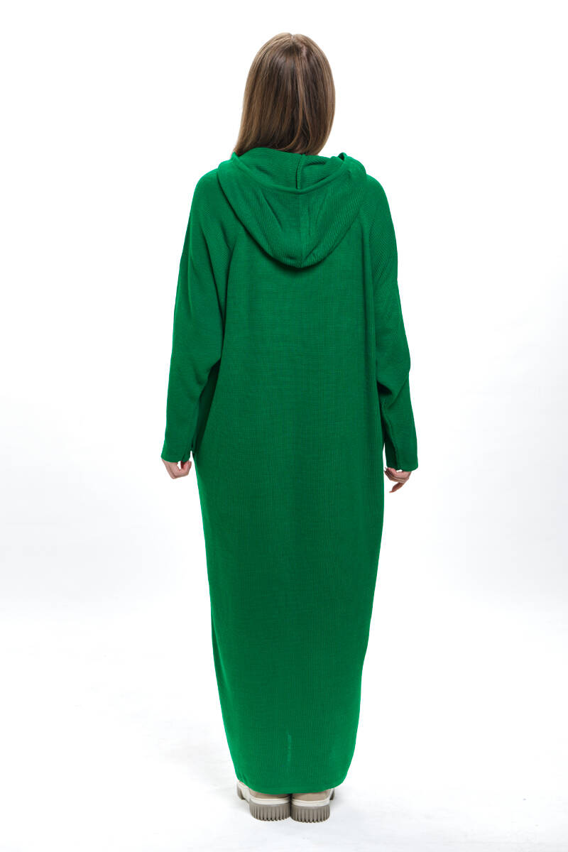 Kapşonlu Uzun Salaş Yeşil Triko Elbise - 3420