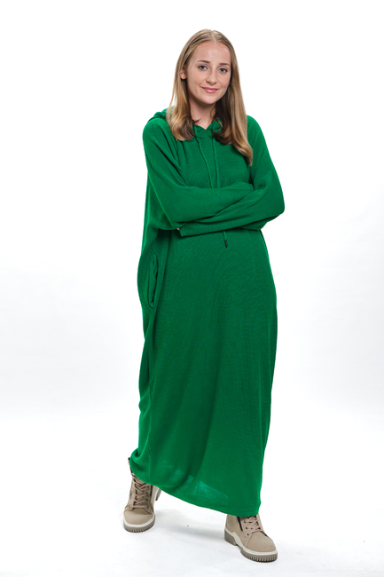 Kapşonlu Uzun Salaş Yeşil Triko Elbise - 3420 - Thumbnail