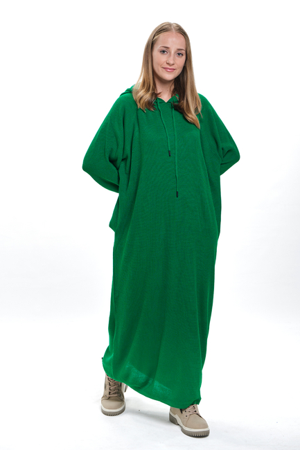  - Kapşonlu Uzun Salaş Yeşil Triko Elbise - 3420