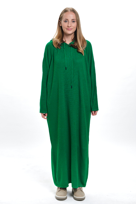 Kapşonlu Uzun Salaş Yeşil Triko Elbise - 3420 - Thumbnail