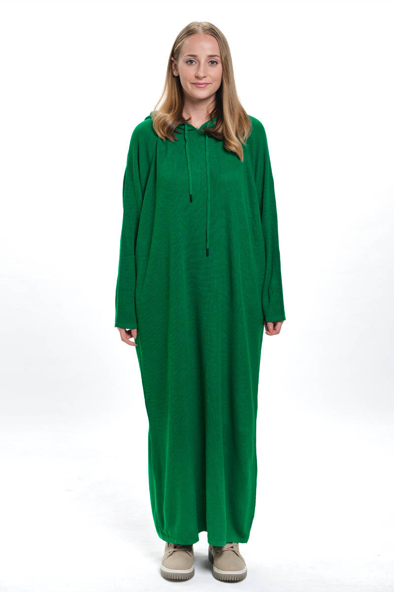 Kapşonlu Uzun Salaş Yeşil Triko Elbise - 3420