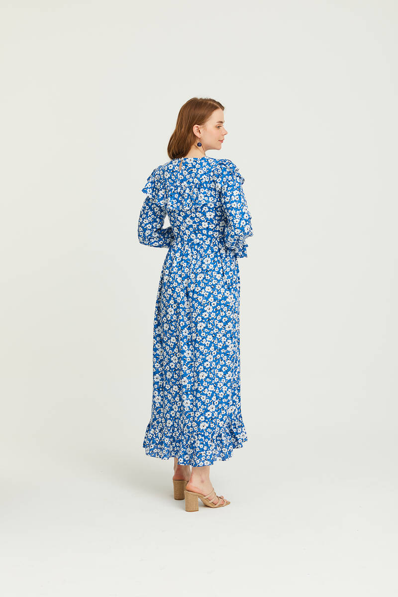 Mavi Çiçek Desenli Bloem Elbise
