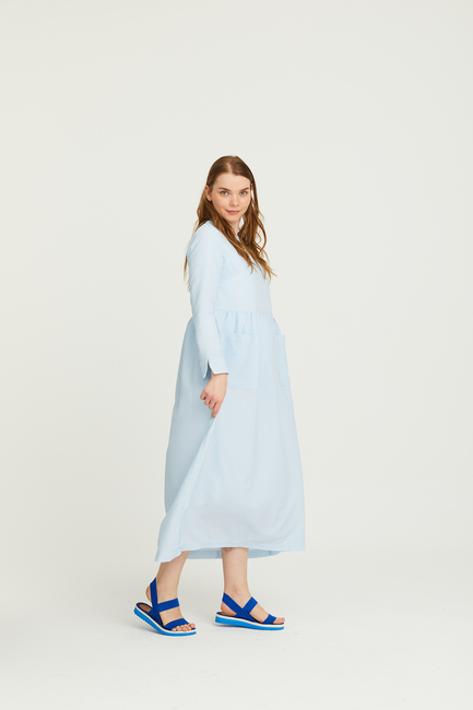 Mavi Doğal Kumaşlı Gofi Elbise - Thumbnail