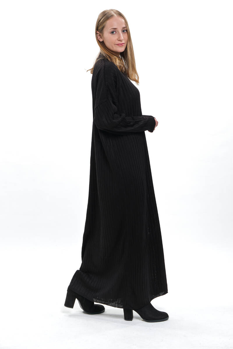 Siyah Kalın Fitilli Salaş Triko Elbise - 3367