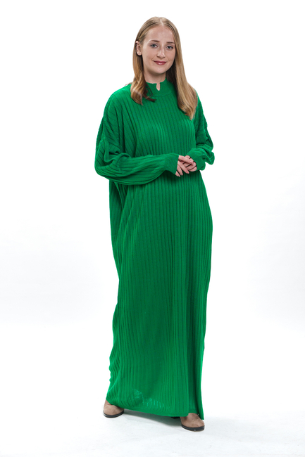 Yeşil Kalın Fitilli Salaş Triko Elbise - 3367 - Thumbnail