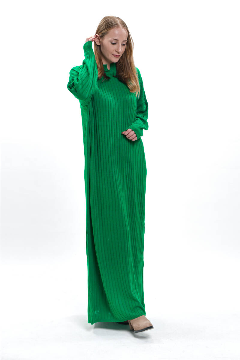 Yeşil Kalın Fitilli Salaş Triko Elbise - 3367