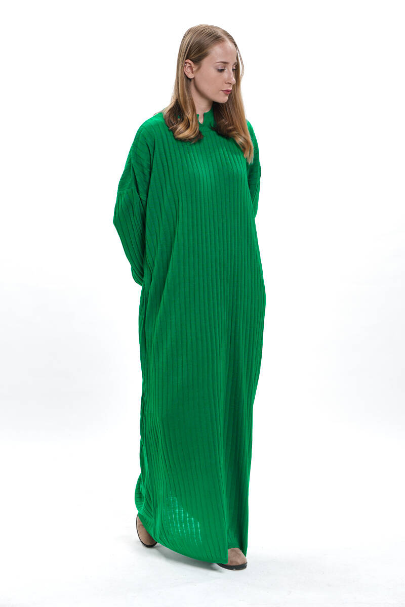 Yeşil Kalın Fitilli Salaş Triko Elbise - 3367