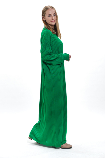 Yeşil Kalın Fitilli Salaş Triko Elbise - 3367 - Thumbnail